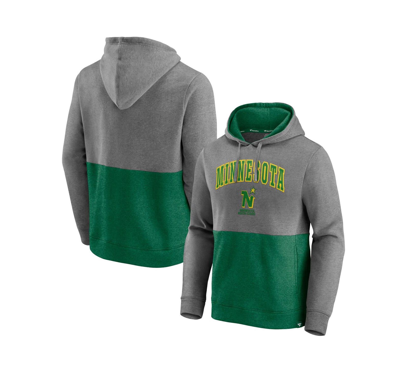 Men's Fanatics Heathered Gray and Kelly Green Minnesota North Stars Block Party Classic Arch Signature Pullover Hoodie