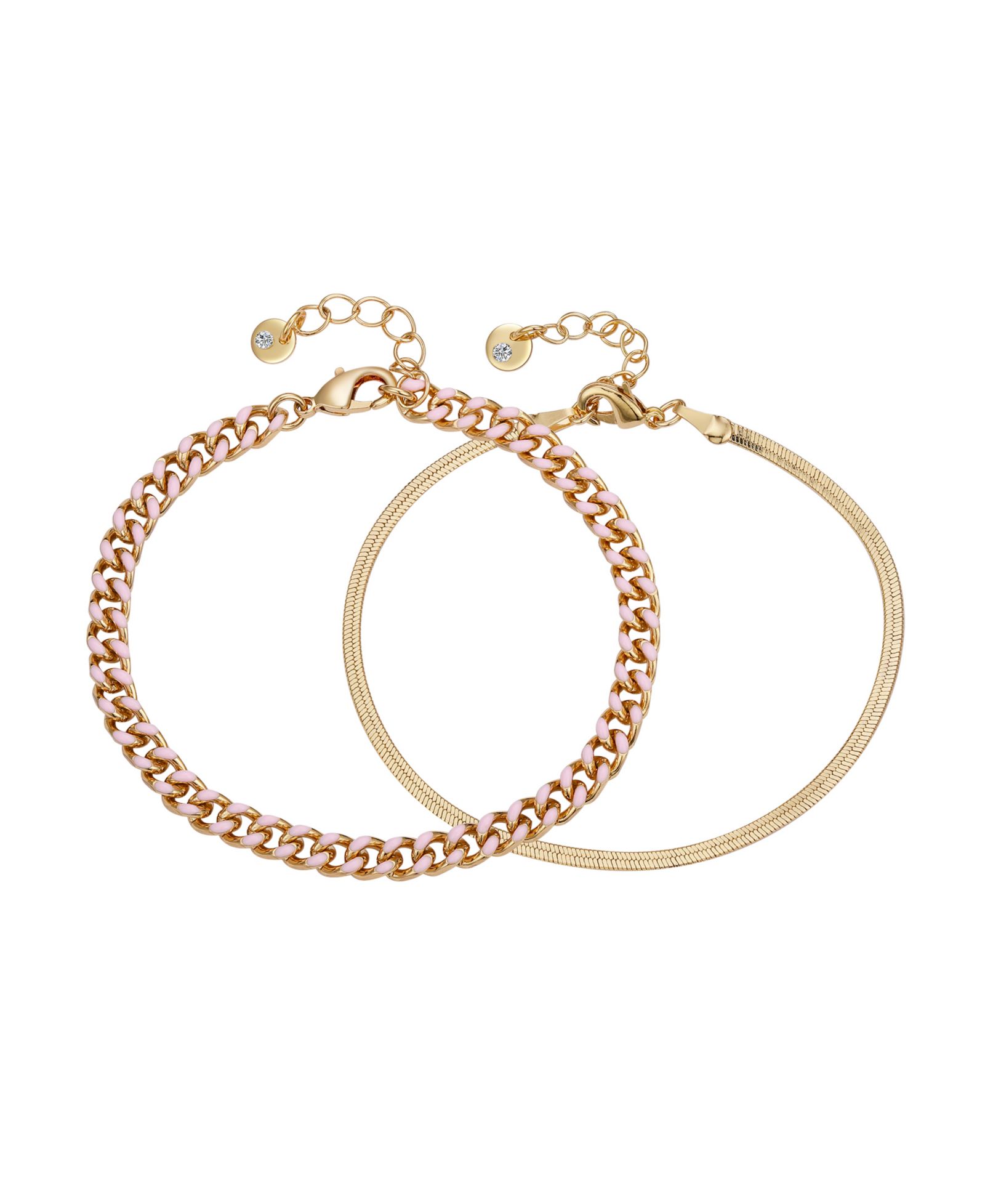 Unwritten 14K Gold Flash-Plated Light Pink Enamel Curb Chain and Herringbone Chain Bracelet Set