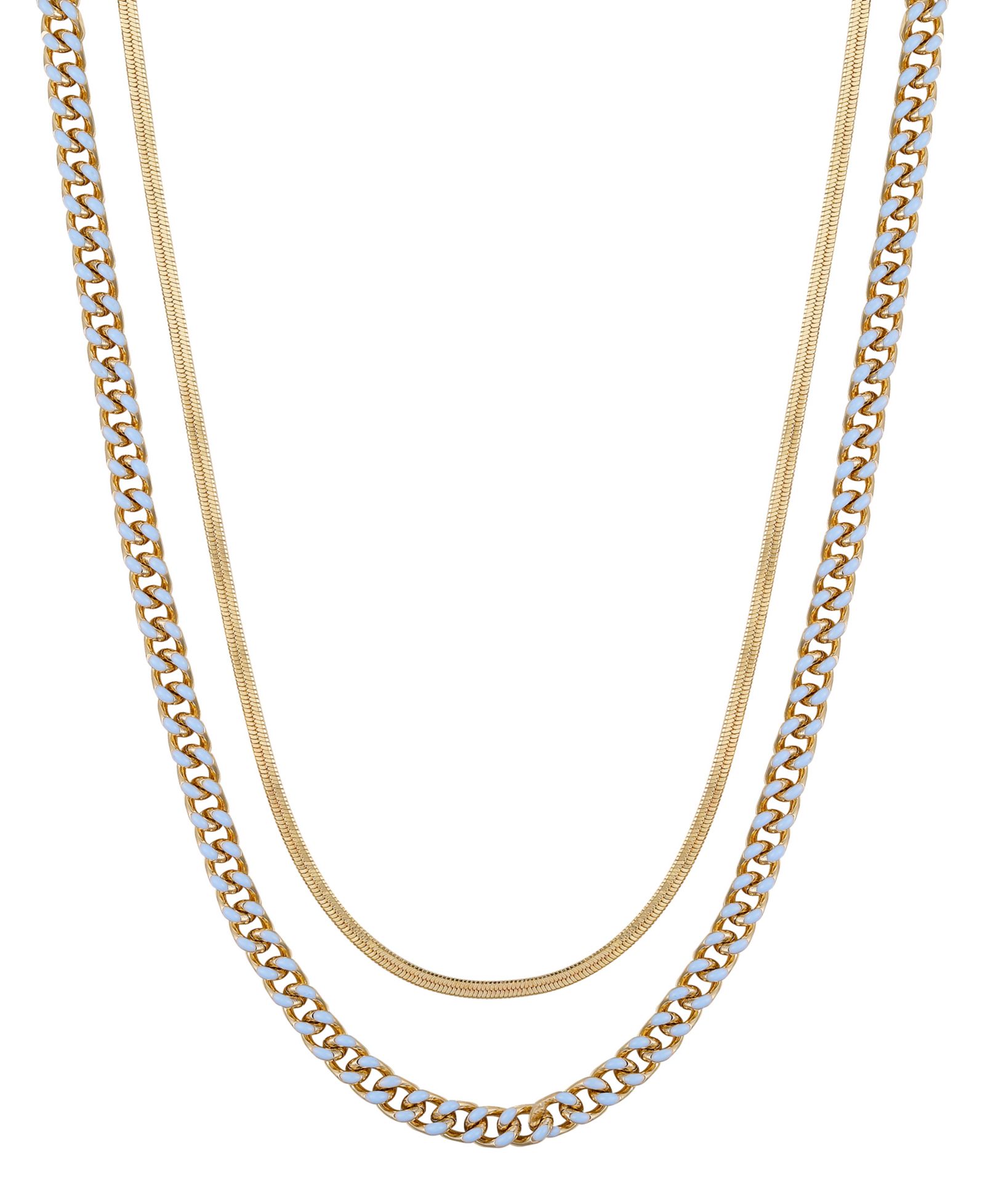 Unwritten 14K Gold Flash-Plated Light Blue Enamel Curb Chain and Herringbone Chain Necklace Set