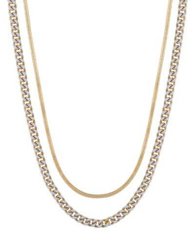 Unwritten 14K Gold Flash-Plated Light Blue Enamel Curb Chain and Herringbone Chain Necklace Set