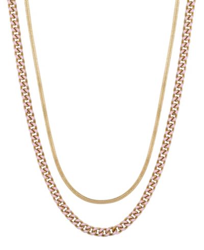 Unwritten 14K Gold Flash-Plated Light Pink Enamel Curb Chain and Herringbone  Chain Necklace Set