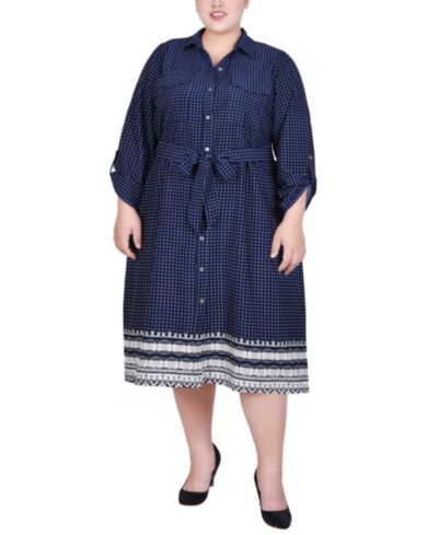 NY Collection платье-рубашка большого размера с рукавом 3/4, отворотом и ремнем