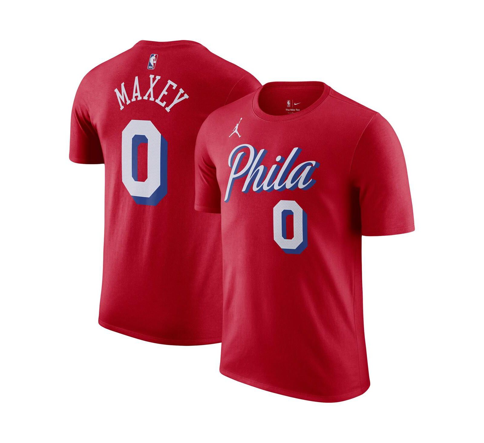 Мужская футболка Jordan Tyrese Maxey Red Philadelphia 76ers 2022/23 Statement Edition Name and Number T-shirt