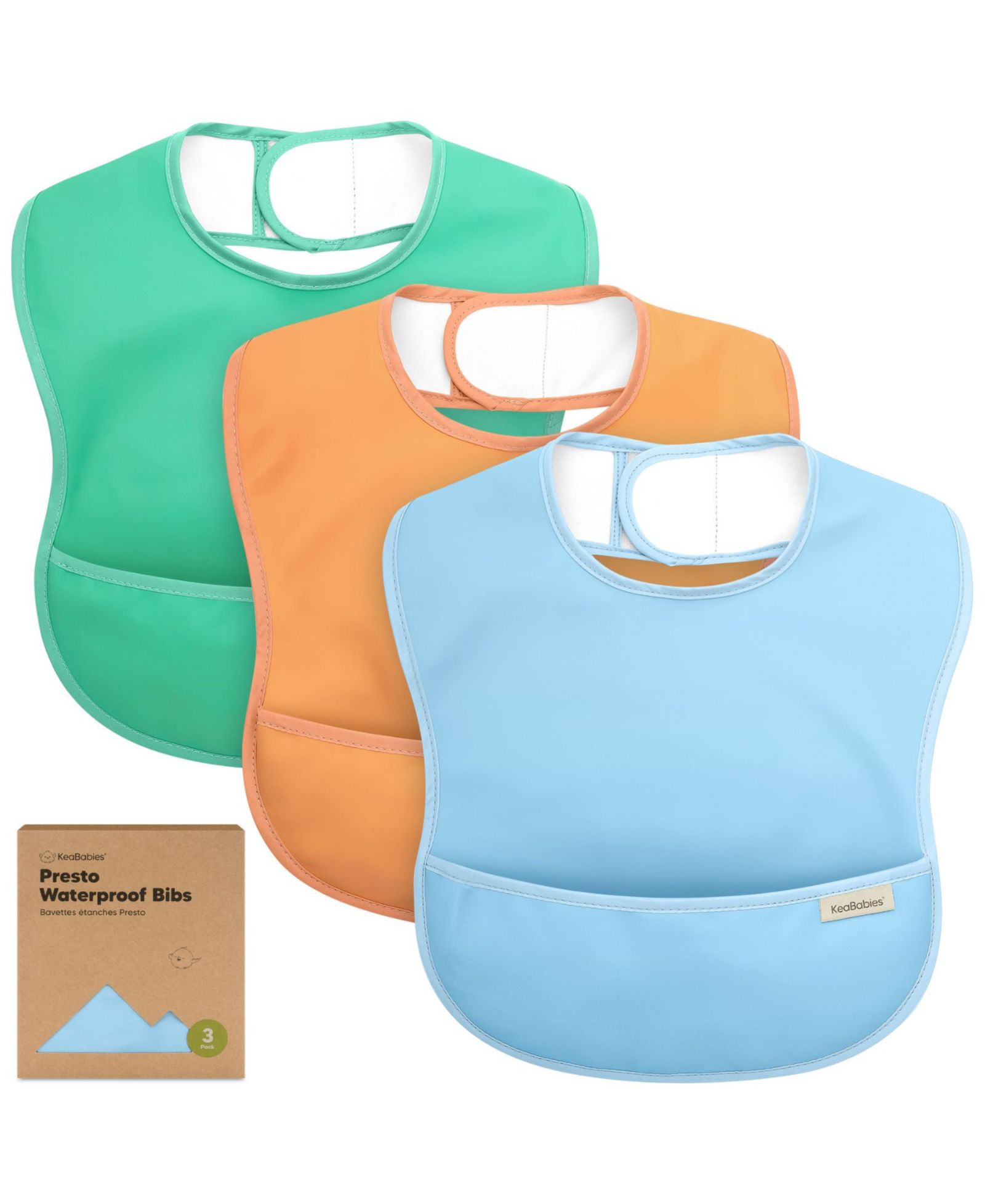 KeaBabies 3-Pack Waterproof Baby Bibs for Eating, Lightweight, Mess Proof Toddler Bibs with Food Catcher