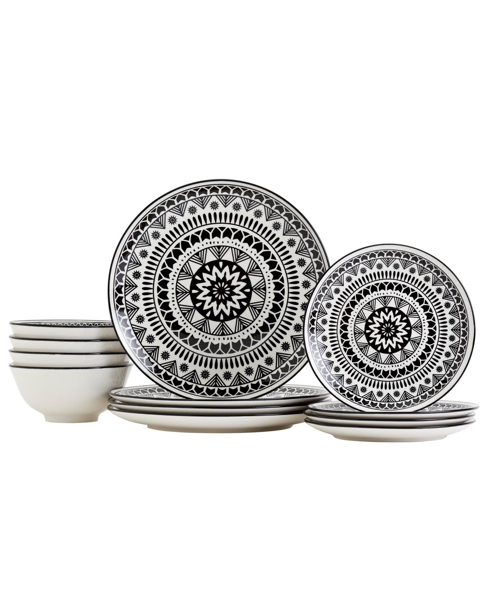 Tabletops Unlimited Black Pad Print 12 Pc. Dinnerware Set, Service for 4