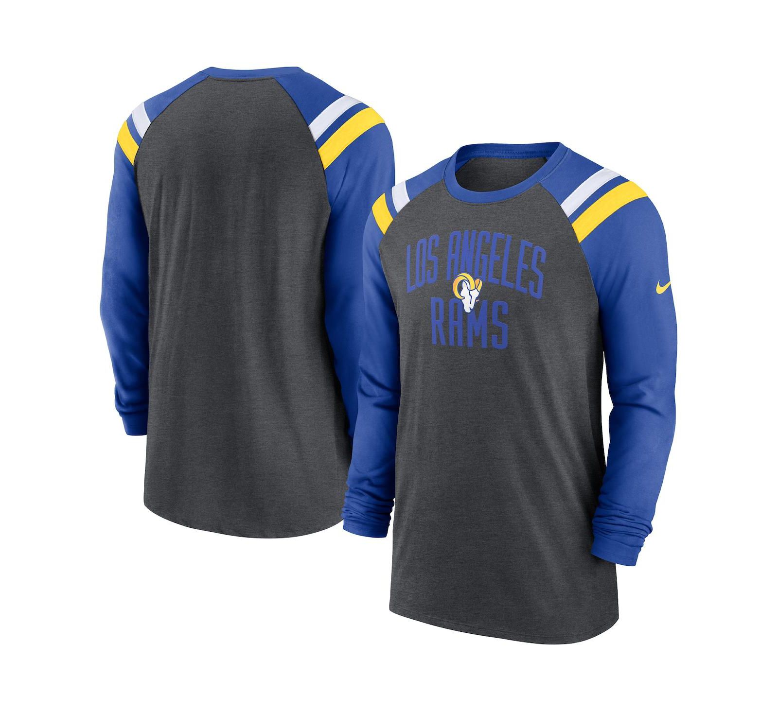 Men's Nike Heathered Charcoal, Royal Los Angeles Rams Tri-Blend Raglan Athletic Long Sleeve Fashion T-shirt