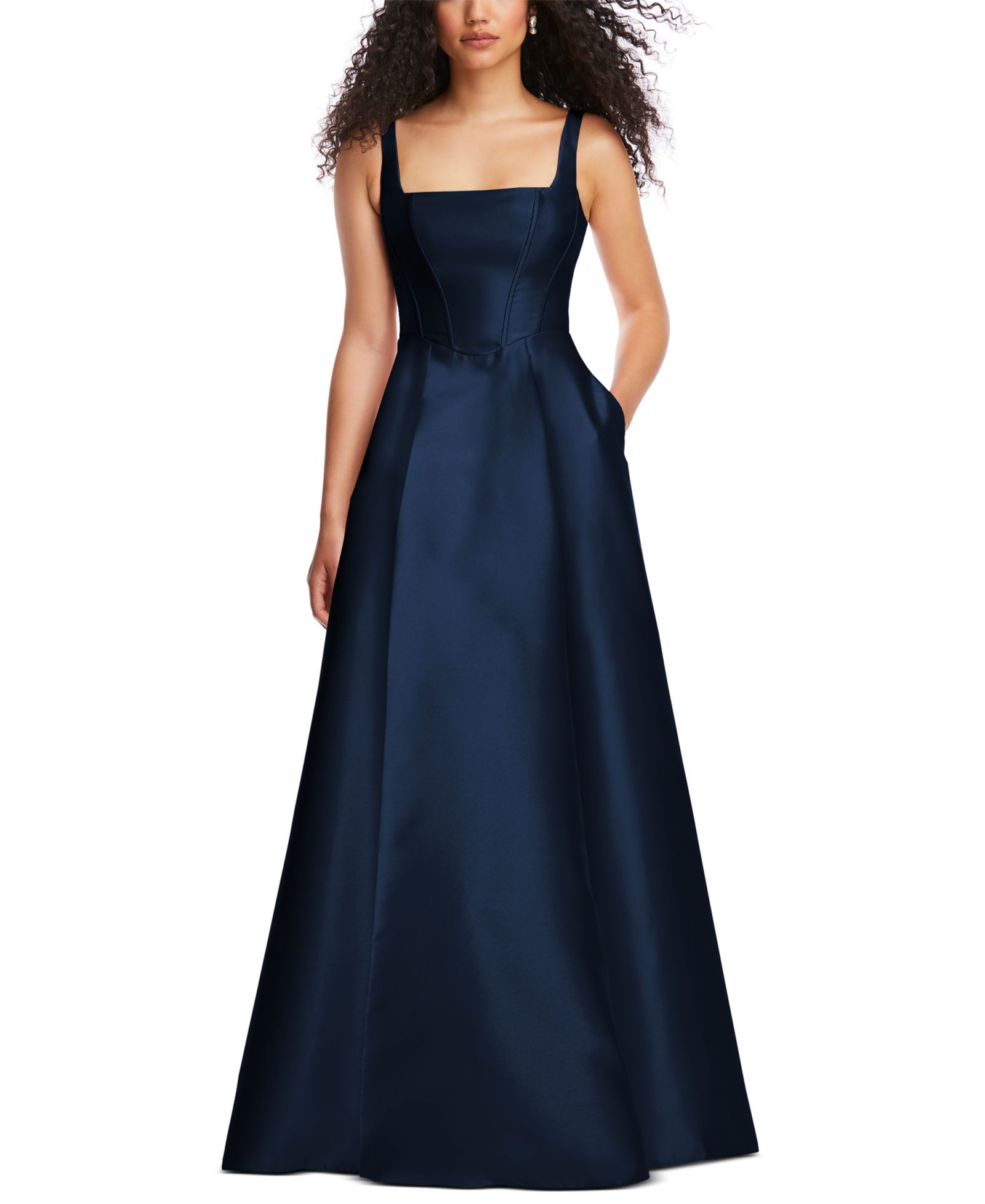Alfred Sung Plus Size Boned Corset Closed-Back Satin Gown with Full Skirt and Pockets