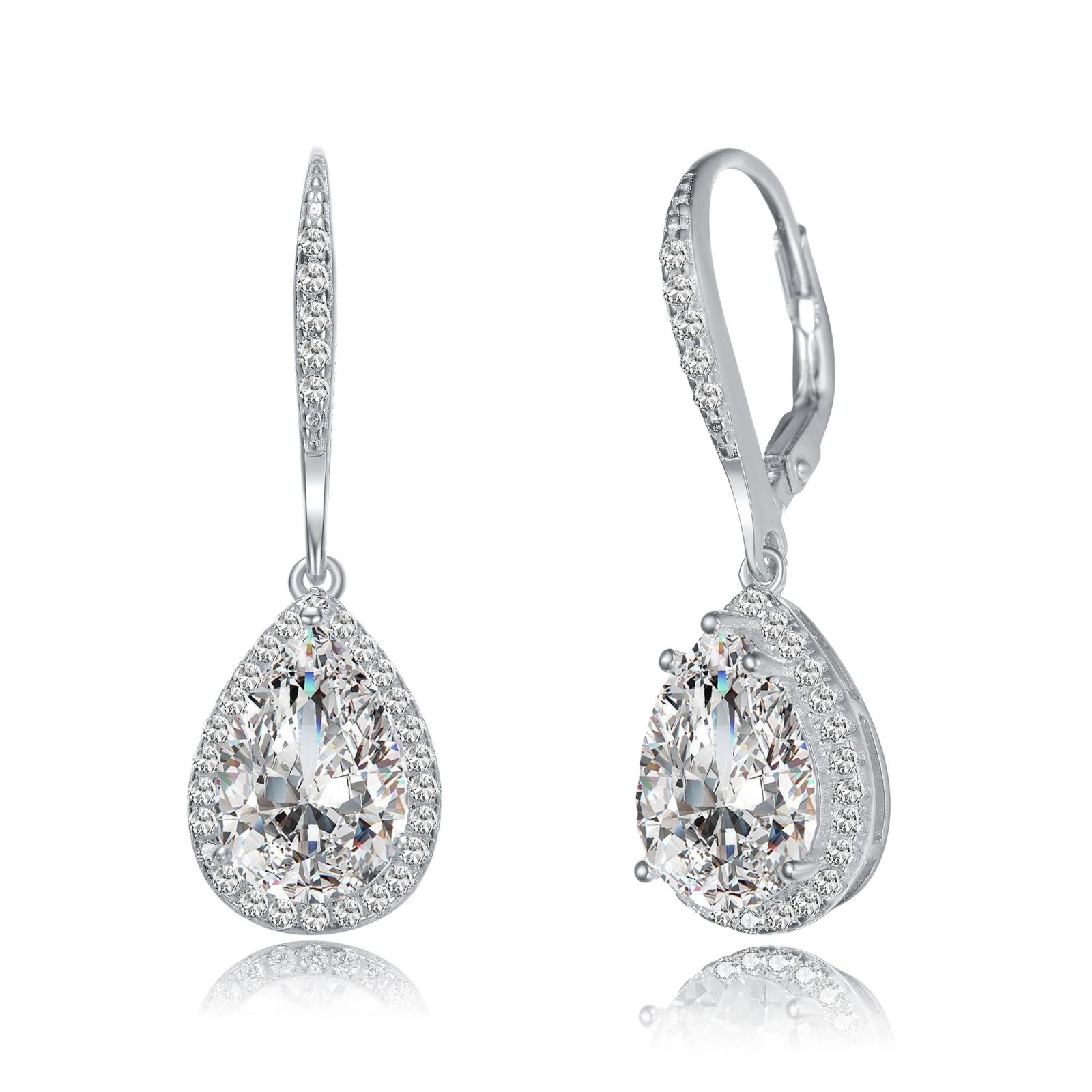 Genevive Elegant Sterling Silver CZ Pear and Pave Statement Drop Earrings