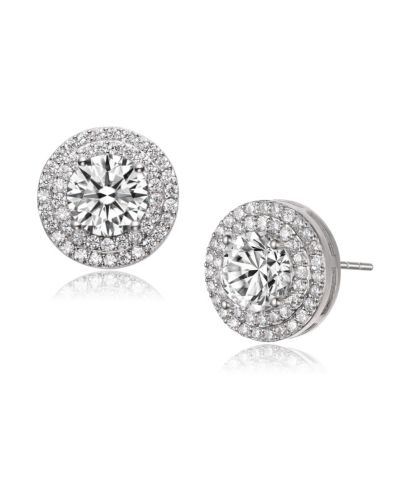 Genevive Dainty Sterling Silver Brilliant CZ Double Halo Stud Earrings