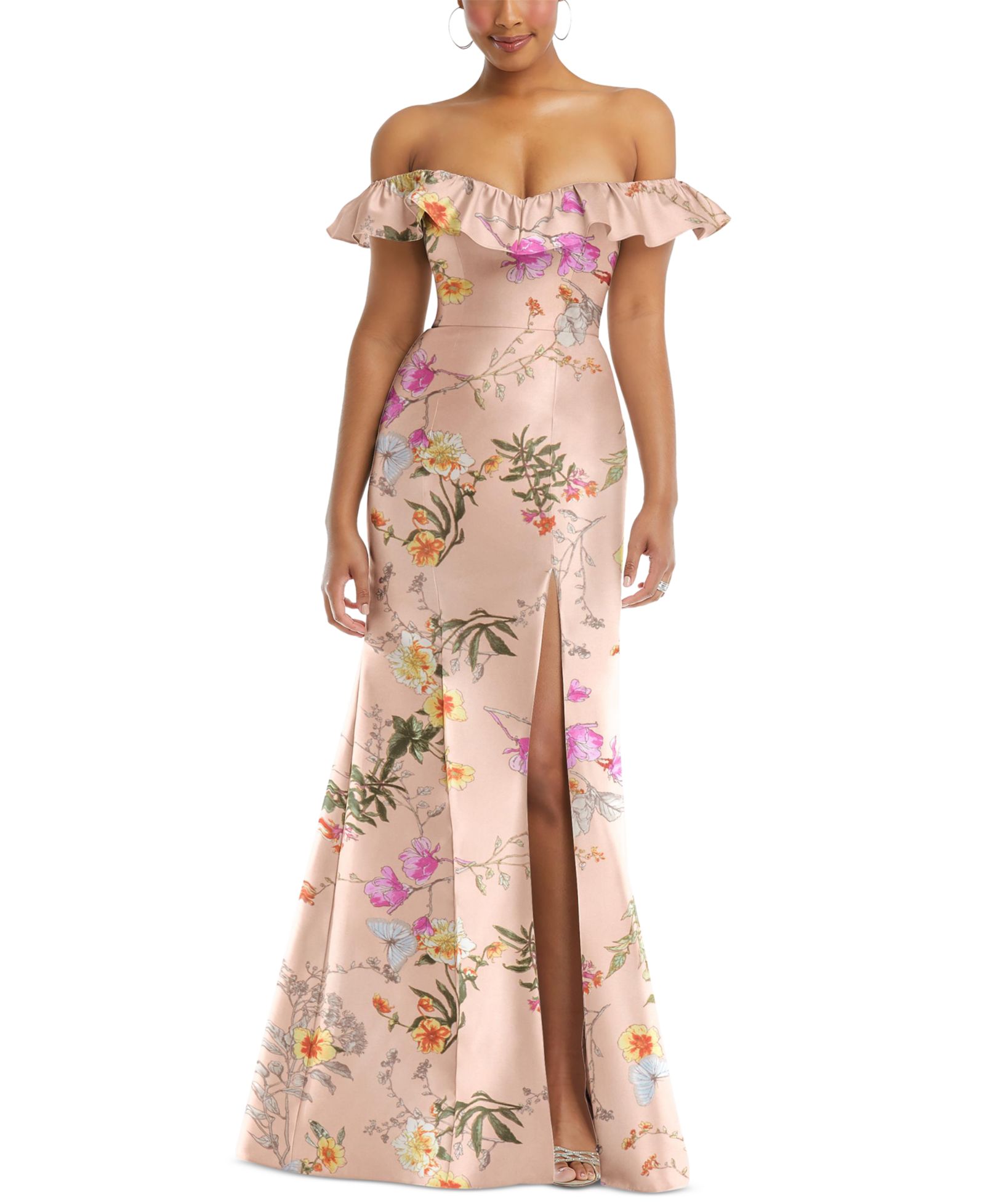 Женское вечернее платье Alfred Sung Off-the-Shoulder Ruffle Neck Floral Satin Trumpet