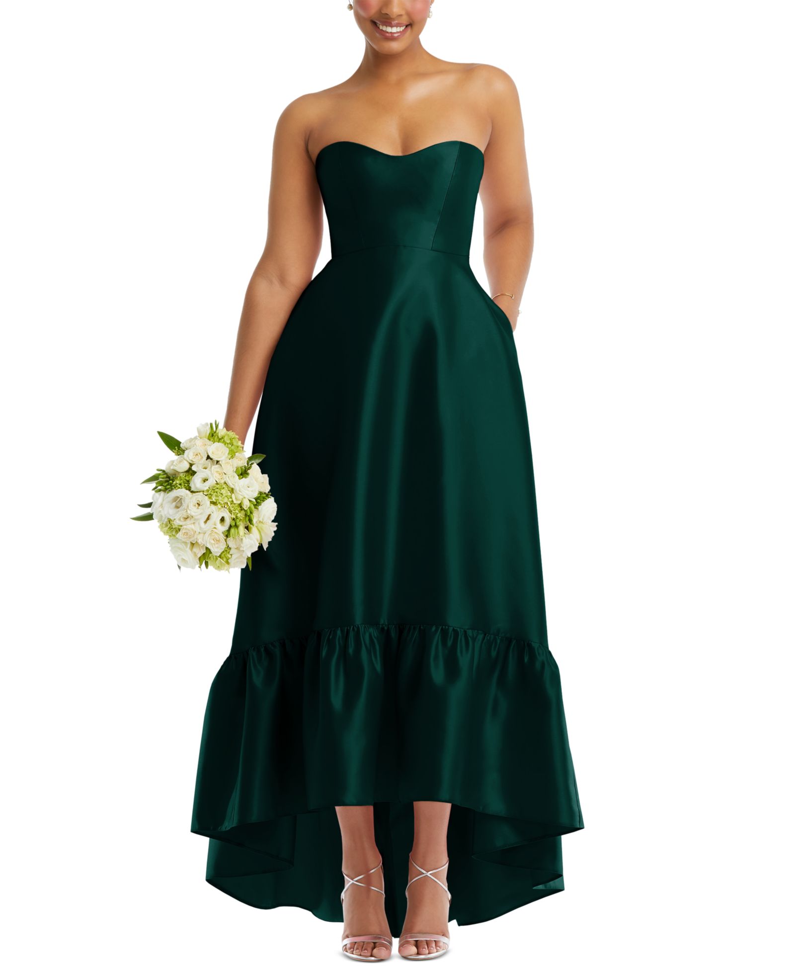 Платье Alfred Sung Women's Strapless Deep Ruffle Hem Satin High Low с карманами