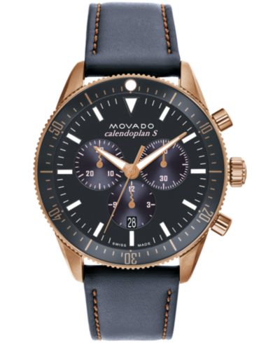 Movado Мужские часы Calendoplan S Swiss Quartz Chronograph, кожаный ремешок, 42mm