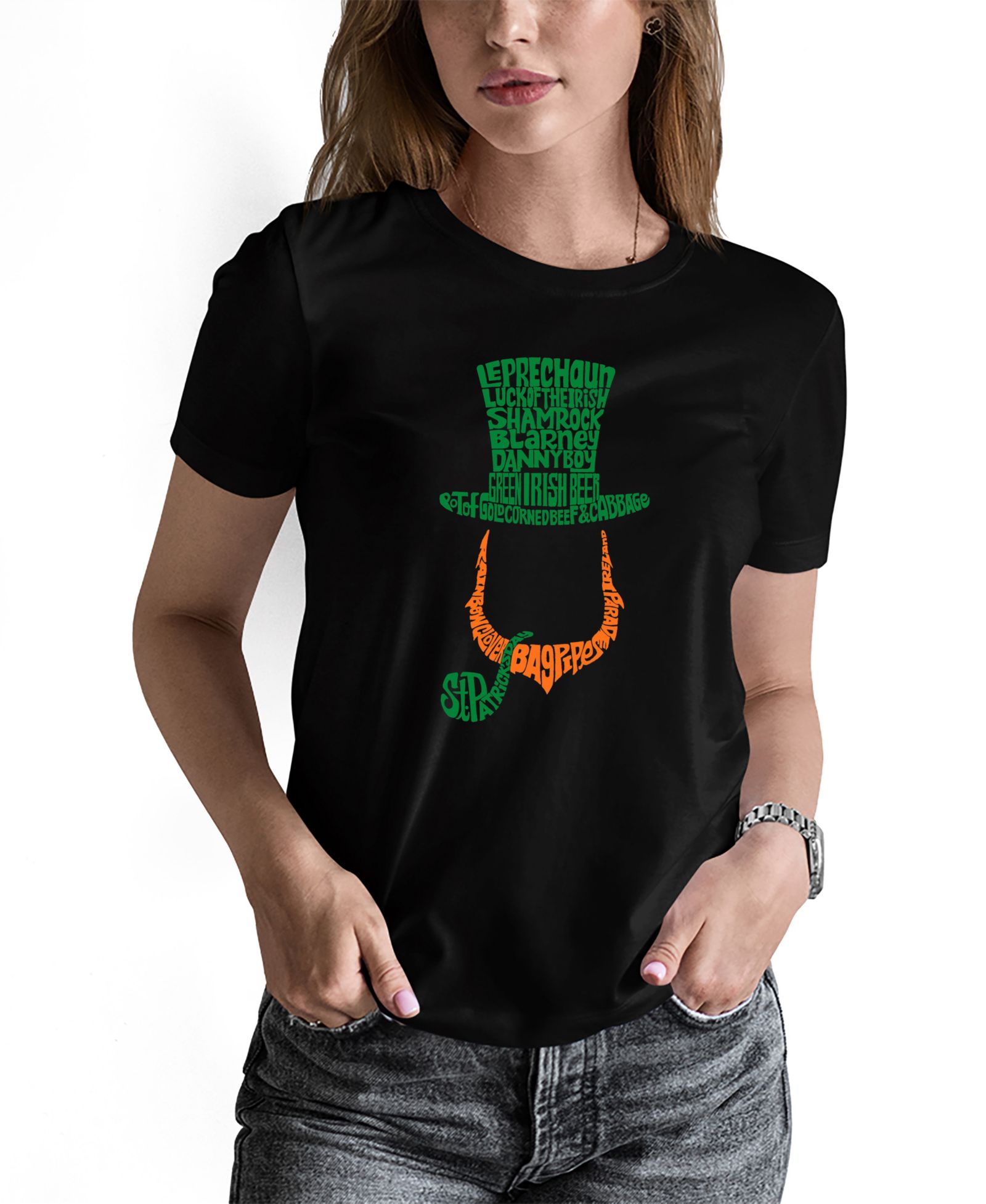 LA Pop Art Women's Leprechaun Word Art Crew Neck T-shirt