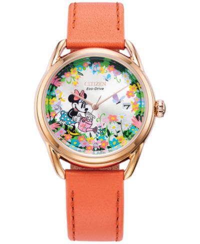 Женские часы Citizen Eco-Drive Disney Minnie Mouse с бриллиантовым акцентом, розовый кожаный ремешок, 36mm