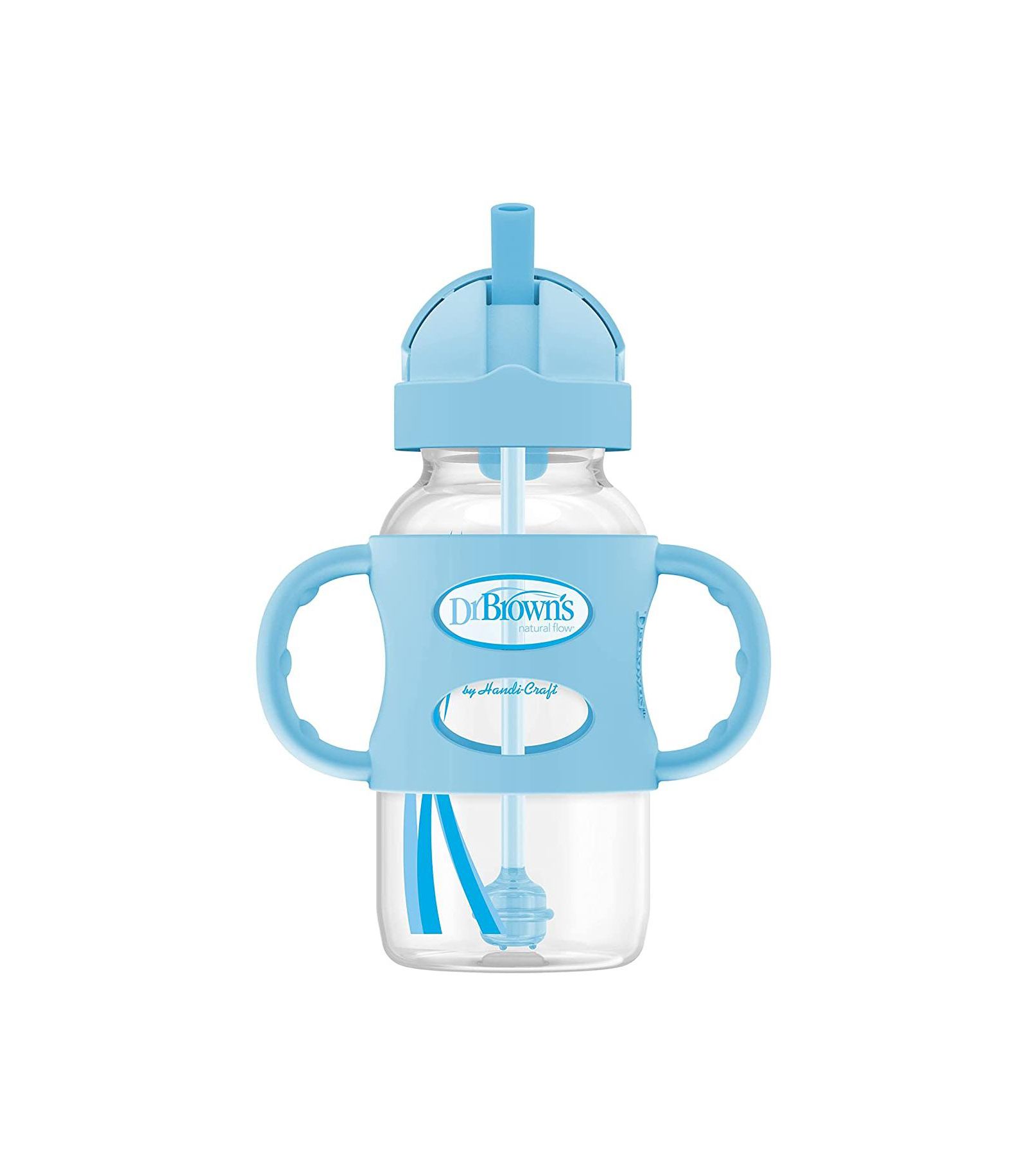 Dr. Browns Baby Wide-Neck Sippy Straw Bottle with 100% Silicone Handles, 9oz, Blue