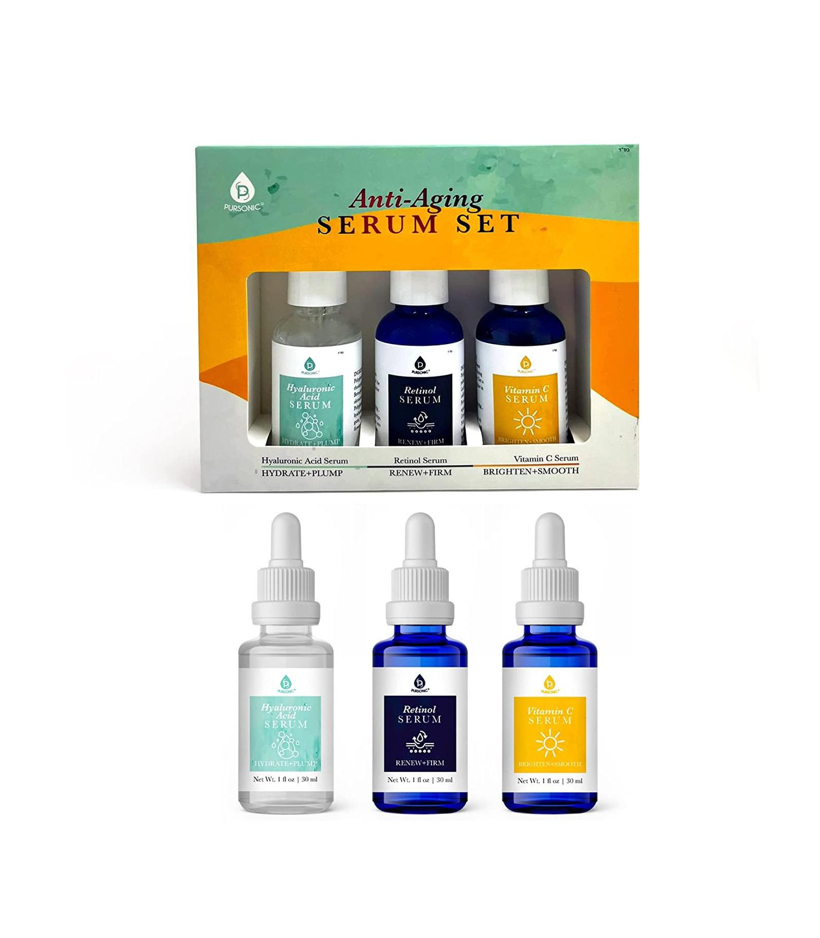 Pursonic Anti-aging Serum set including uniquely formulated Vitamin C Face Serum, Retinol Serum, and Hyaluronic Acid Serum (Each 30 ml)