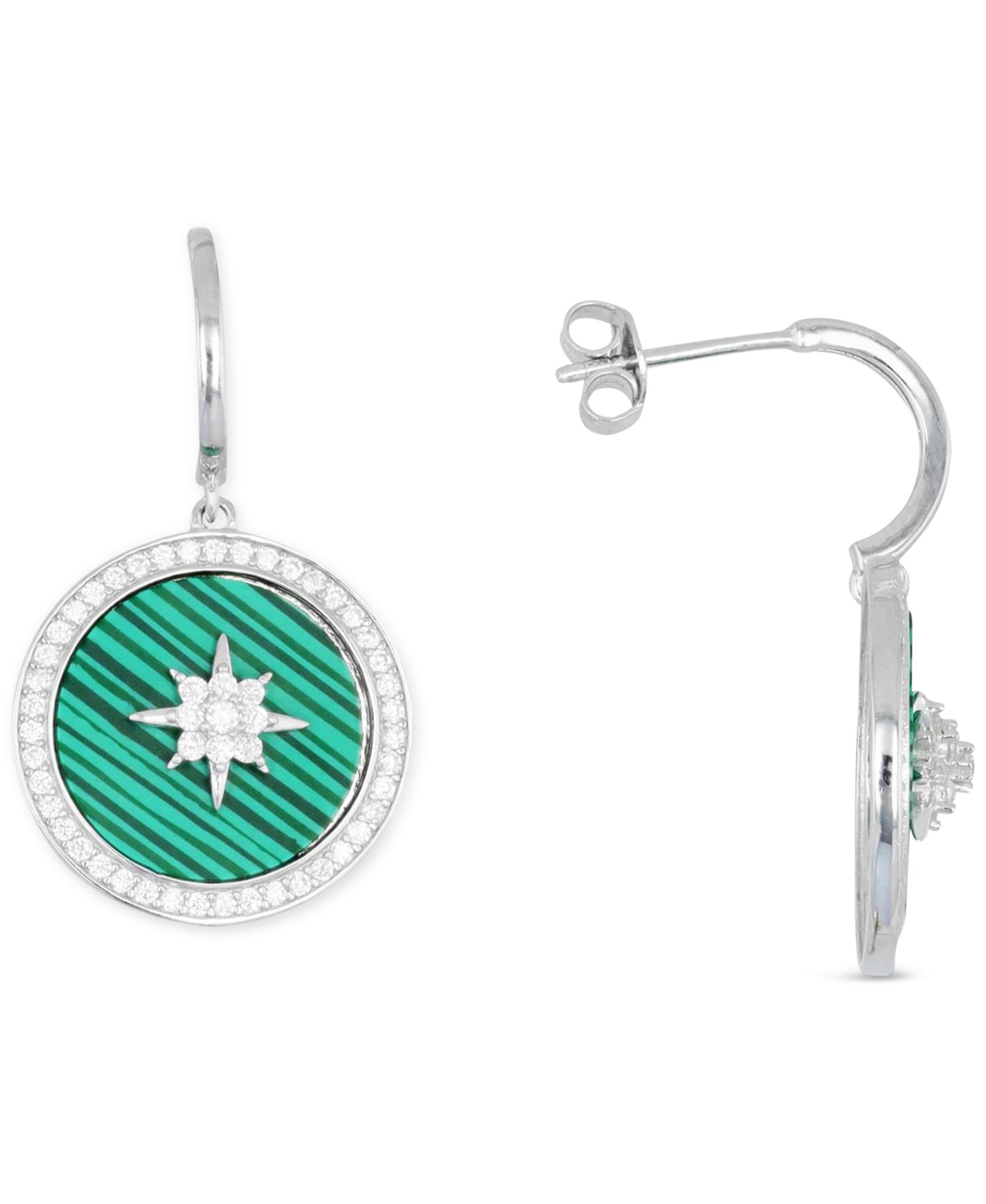 Lab-Grown Malachite & Cubic Zirconia Dangle Disc Drop Earrings
