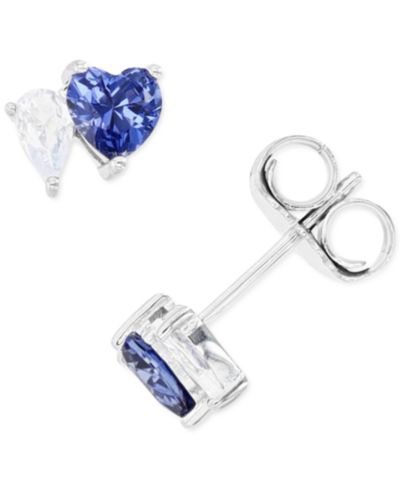 Blue and White Cubic Zirconia Heart Stud Earrings in Sterling Silver or 14k Gold over Sterling Silver