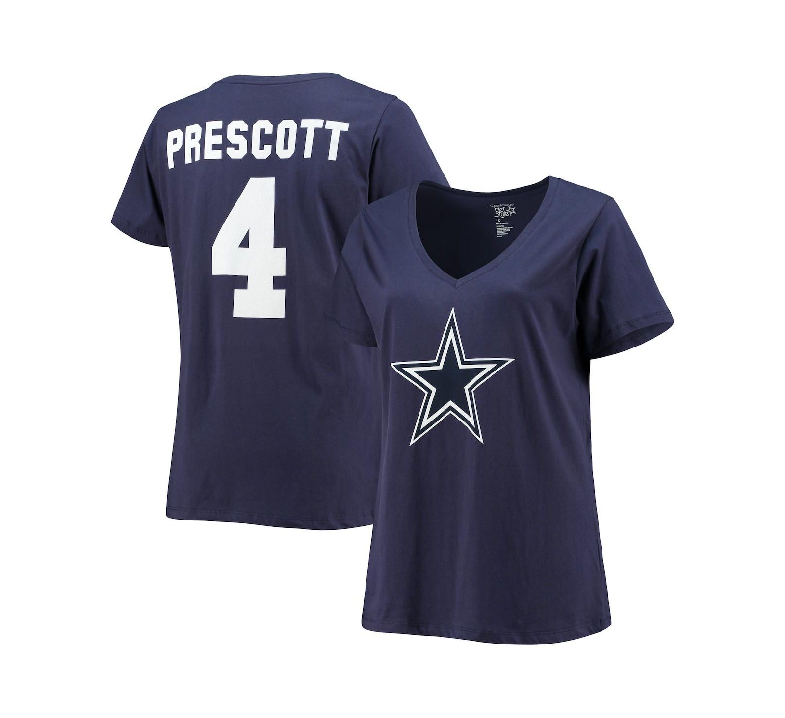 Women's Fanatics Dak Prescott Navy Dallas Cowboys Plus Size Name and Number V-Neck T-shirt
