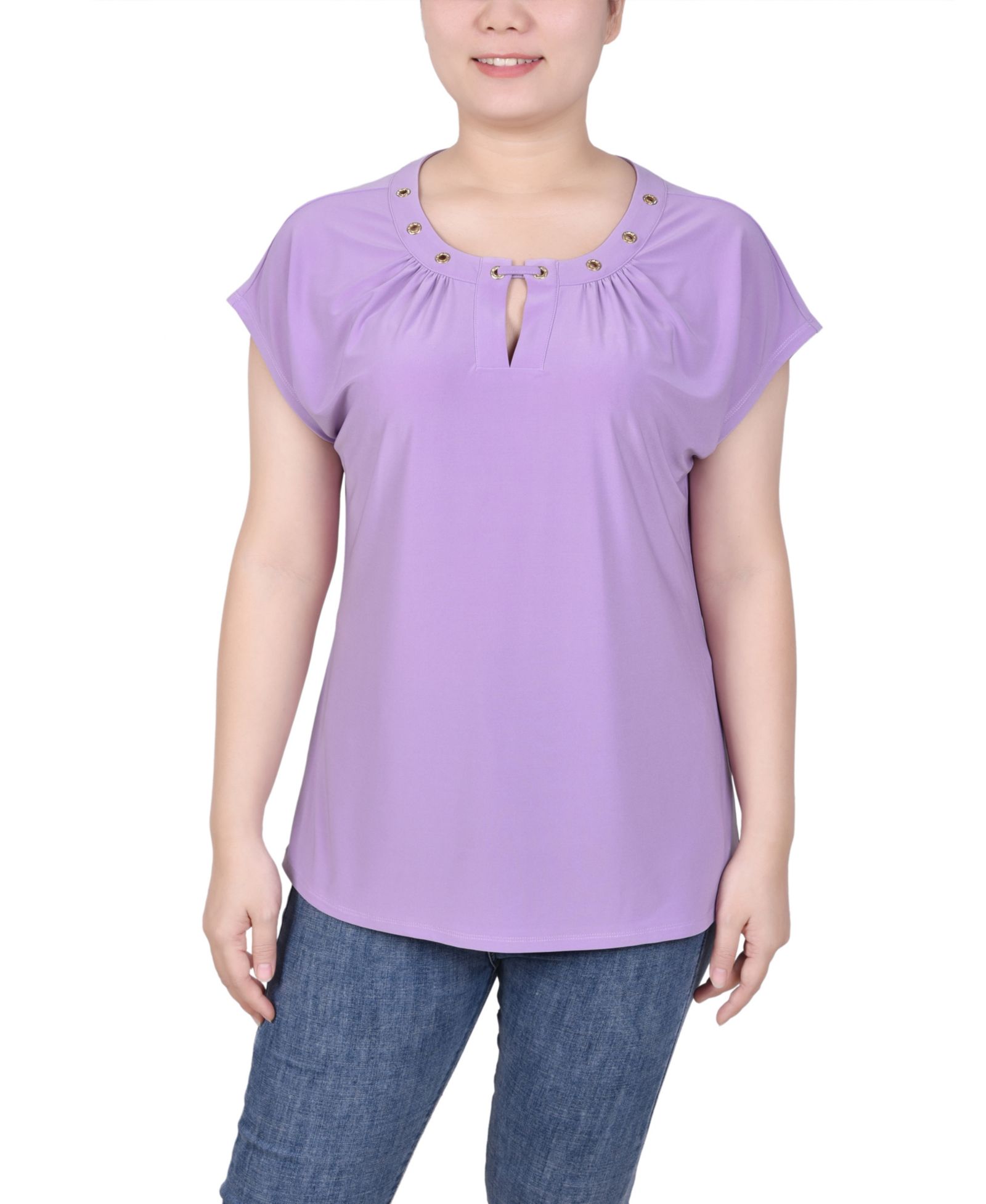 NY Collection Petite Grommet Neck Knit  Short Extended Sleeve Top