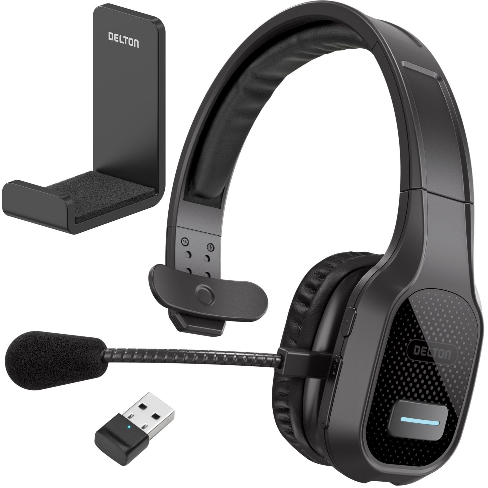 Delton Wireless Computer Headset with USB Dongle and Headset Hook, Trucker Bluetooth Headset with Noise Canceling Microphone, 35Hrs talk time, Headset for Drivers, Office, Call Center Work - Black