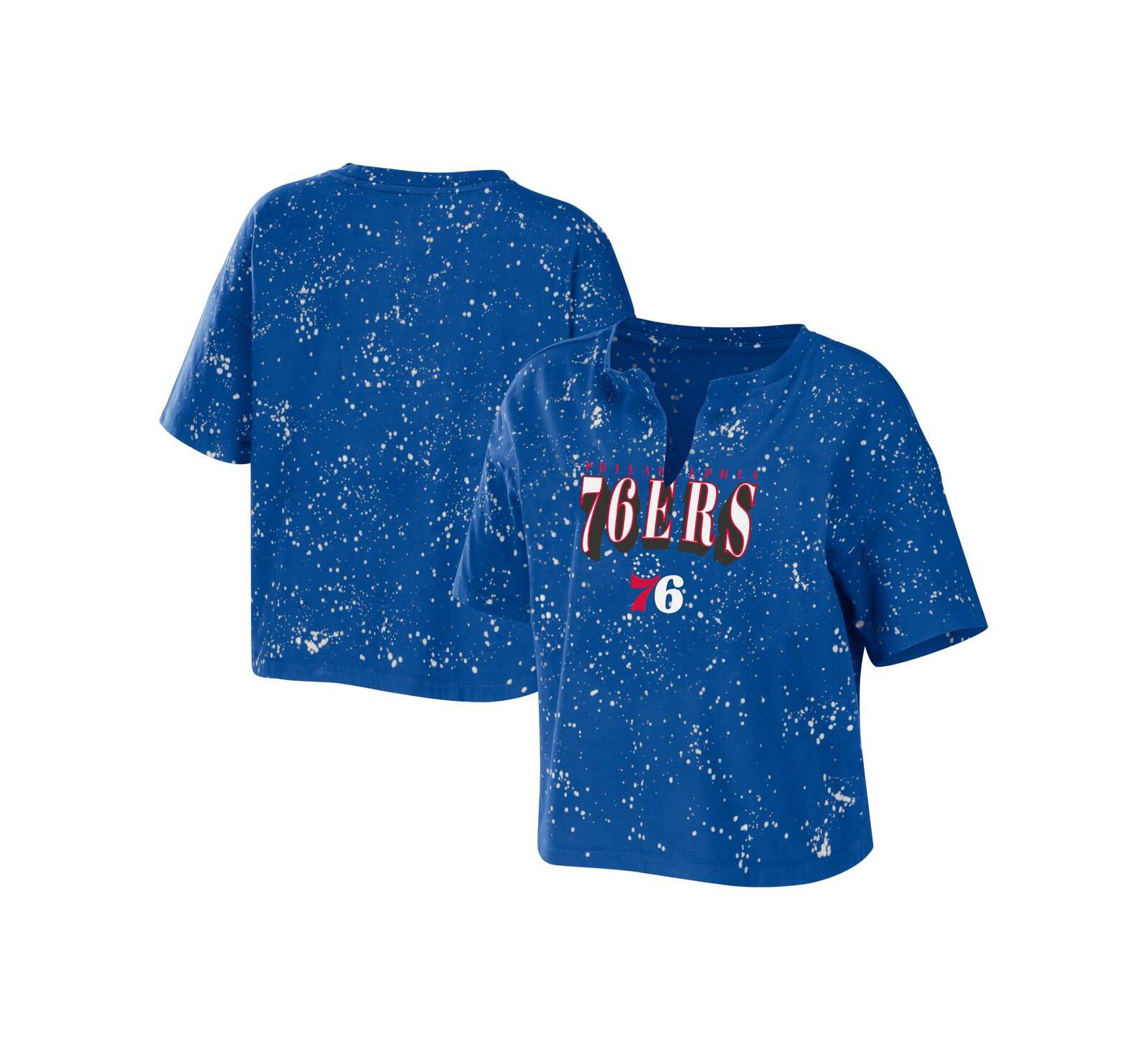 Women's WEAR by Erin Andrews Royal Philadelphia 76ers Bleach Splatter Notch Neck T-shirt