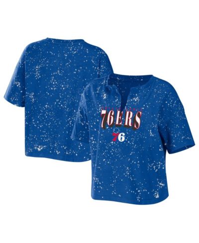 Women's WEAR by Erin Andrews Royal Philadelphia 76ers Bleach Splatter Notch Neck T-shirt
