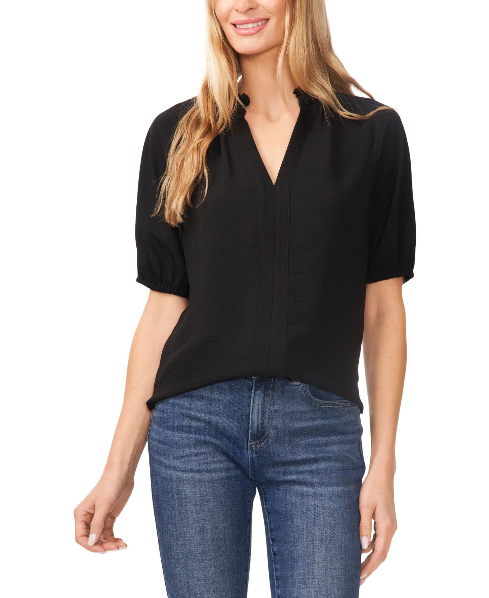 CeCe Women's Short Sleeve Ruffle Neck Raglan Split Neck Blouse