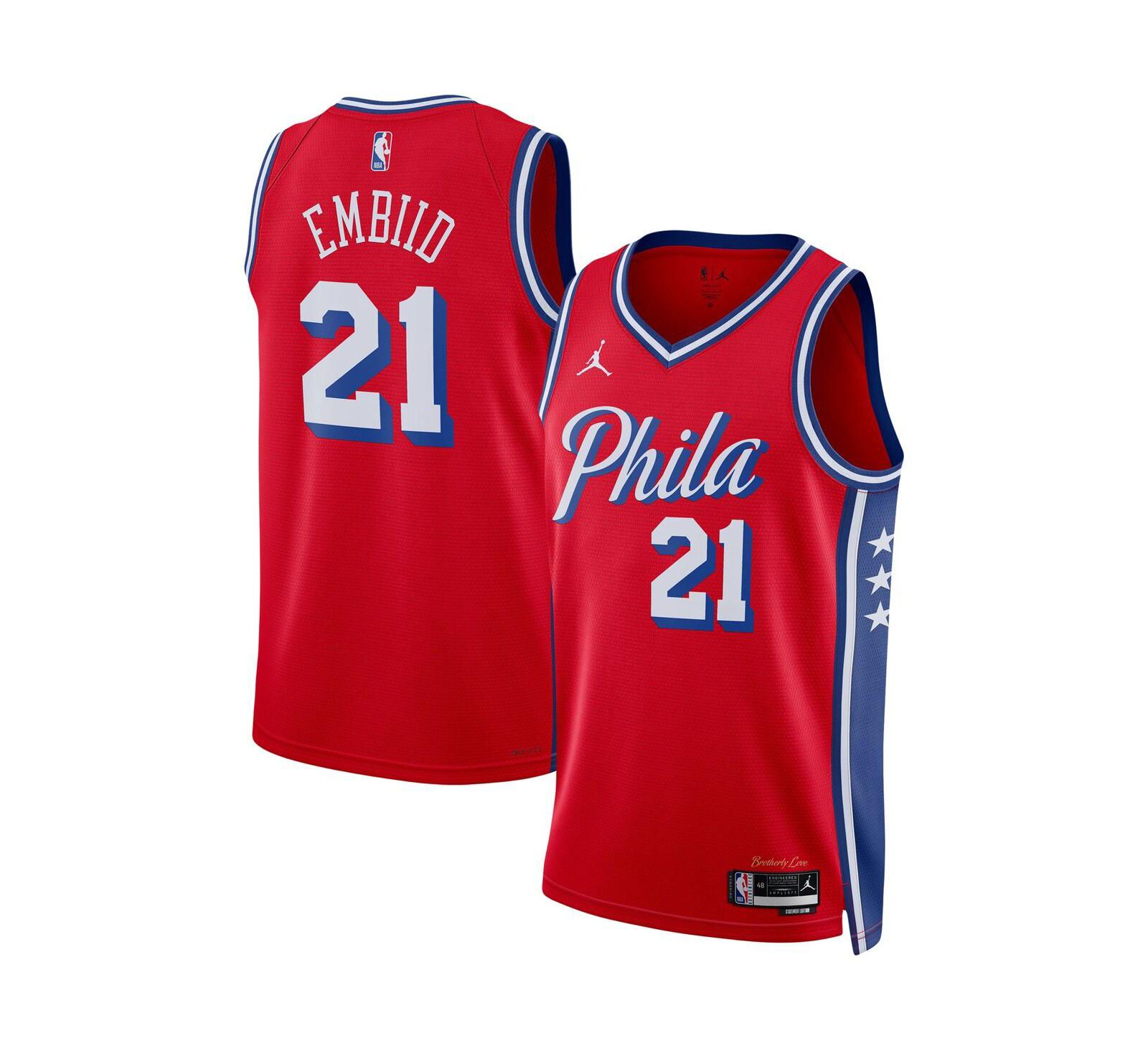 Мужская джерси Jordan Joel Embiid Red Philadelphia 76ers 2022/23 Statement Edition Swingman