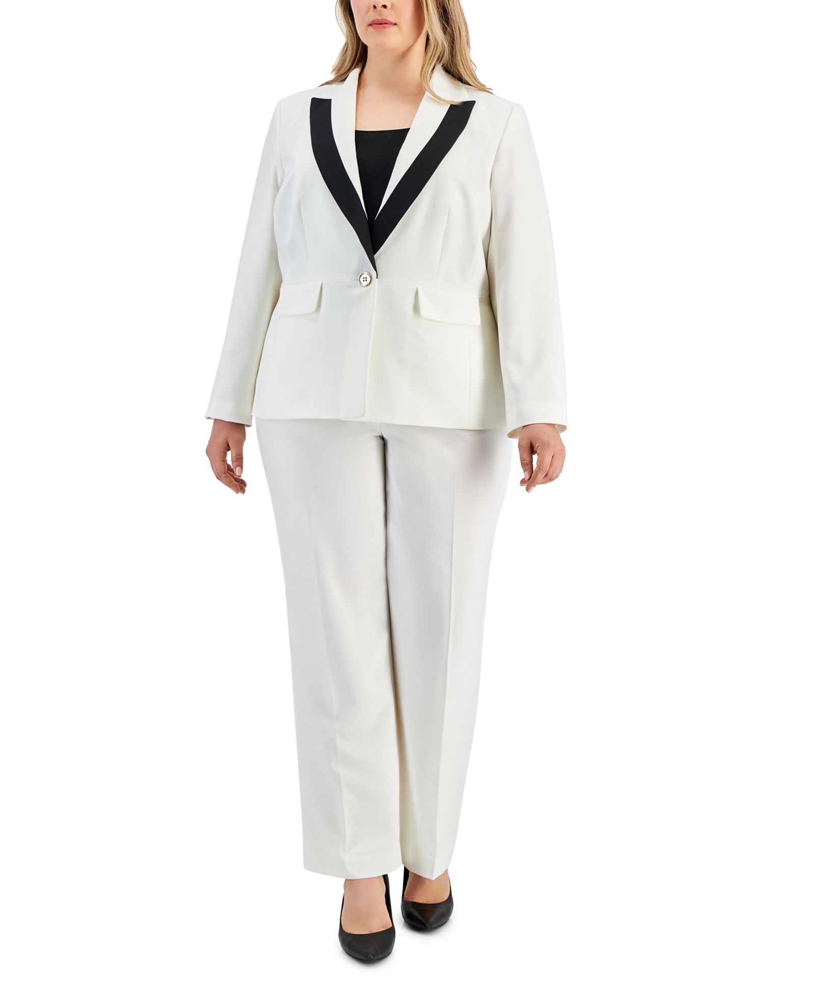 Женский брючный костюм Le Suit Plus Size Contrast-Trim Peak-Lapel, 2 шт