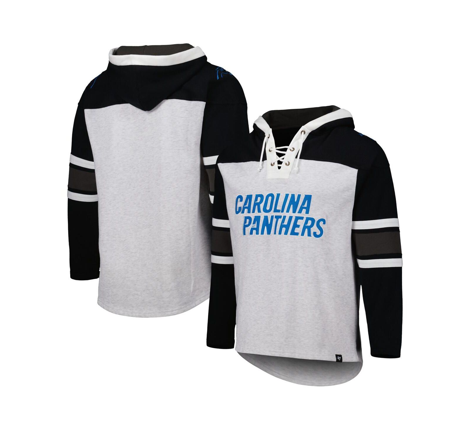 Men's '47 Brand Carolina Panthers Heather Gray Gridiron Lace-Up Pullover Hoodie