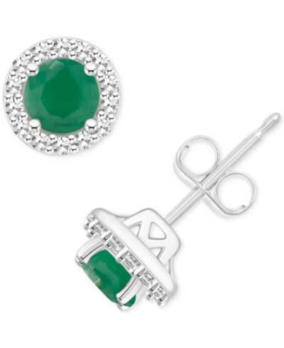 Emerald (1/2 ct. t.w.) & Diamond (1/6 ct. t.w.) Halo Stud Earrings in Sterling Silver (Also in Ruby & Sapphire)
