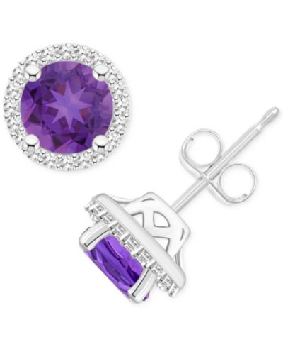 Amethyst (1-1/2 ct. t.w.) & Diamond (1/5 ct. t.w.) Halo Stud Earrings in Sterling Silver (Also in Citrine, Garnet, Peridot, & Blue Topaz)