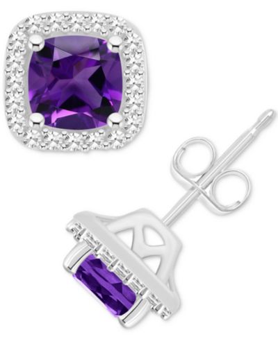 Amethyst (1 ct. t.w.) & Diamond (1/5 ct. t.w.) Cushion Halo Stud Earrings in Sterling Silver (Also in Citrine, Garnet, Peridot, & Blue Topaz)