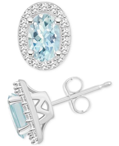 Aquamarine (3/4 ct. t.w.) & Diamond (1/6 ct. t.w.) Oval Halo Stud Earrings in Sterling Silver (Also in Opal)