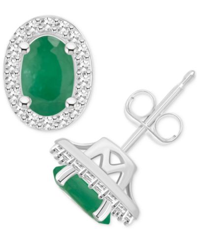 Emerald (1 ct. t.w.) & Diamond (1/6 ct. t.w.) Halo Stud Earrings in Sterling Silver (Also in Ruby & Sapphire)