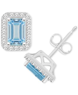 Aquamarine (1 ct. t.w.) & Diamond (1/5 ct. t.w.) Stud Earrings in Sterling Silver (Also in Opal)