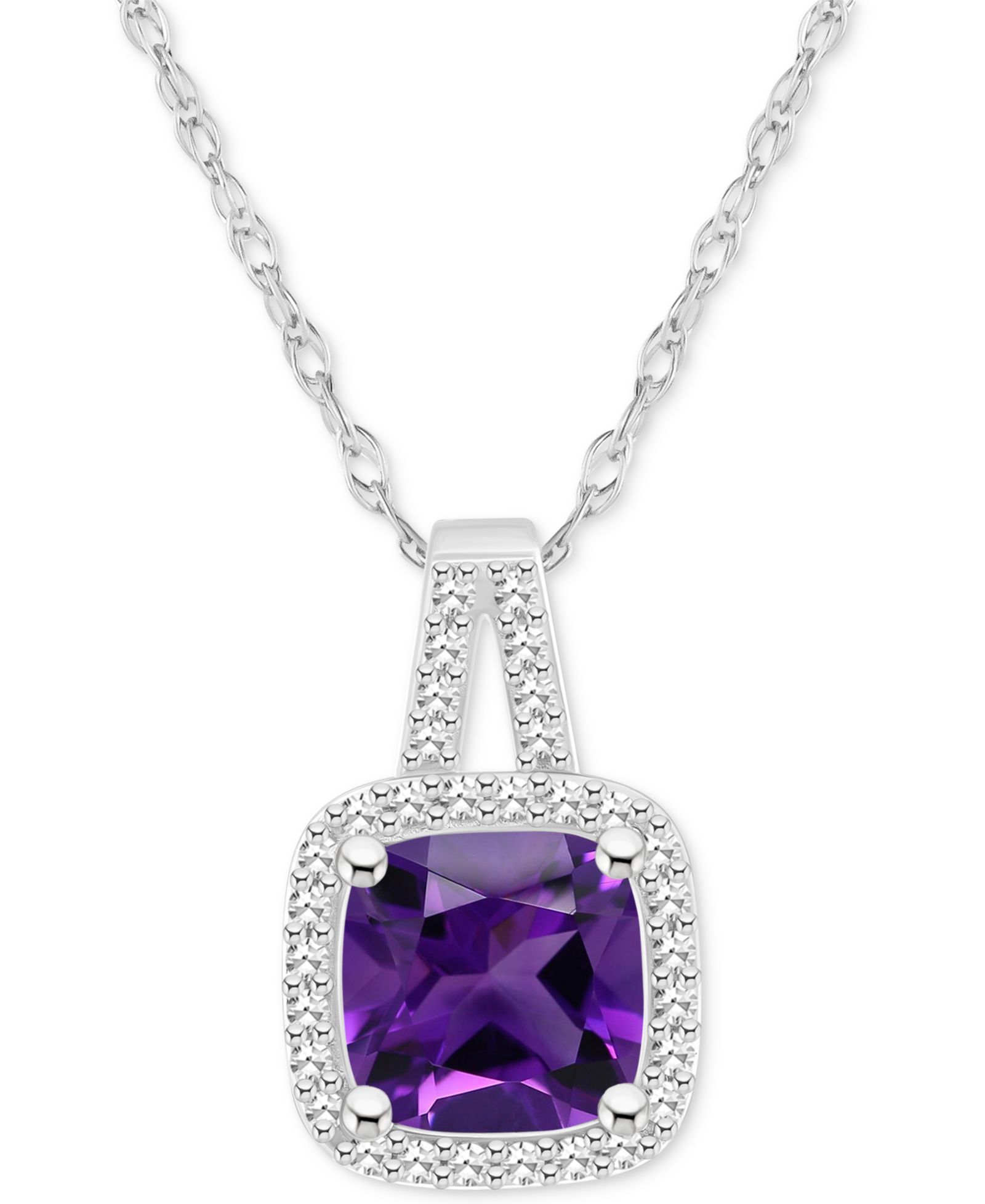 Подвеска-кулон Cushion Halo из стерлингового серебра с аметистом (1-1/2 ct. t.w.) и бриллиантом (1/6 ct. t.w.) (также доступно с цитрином, гранатом, перидотом и голубым топазом)