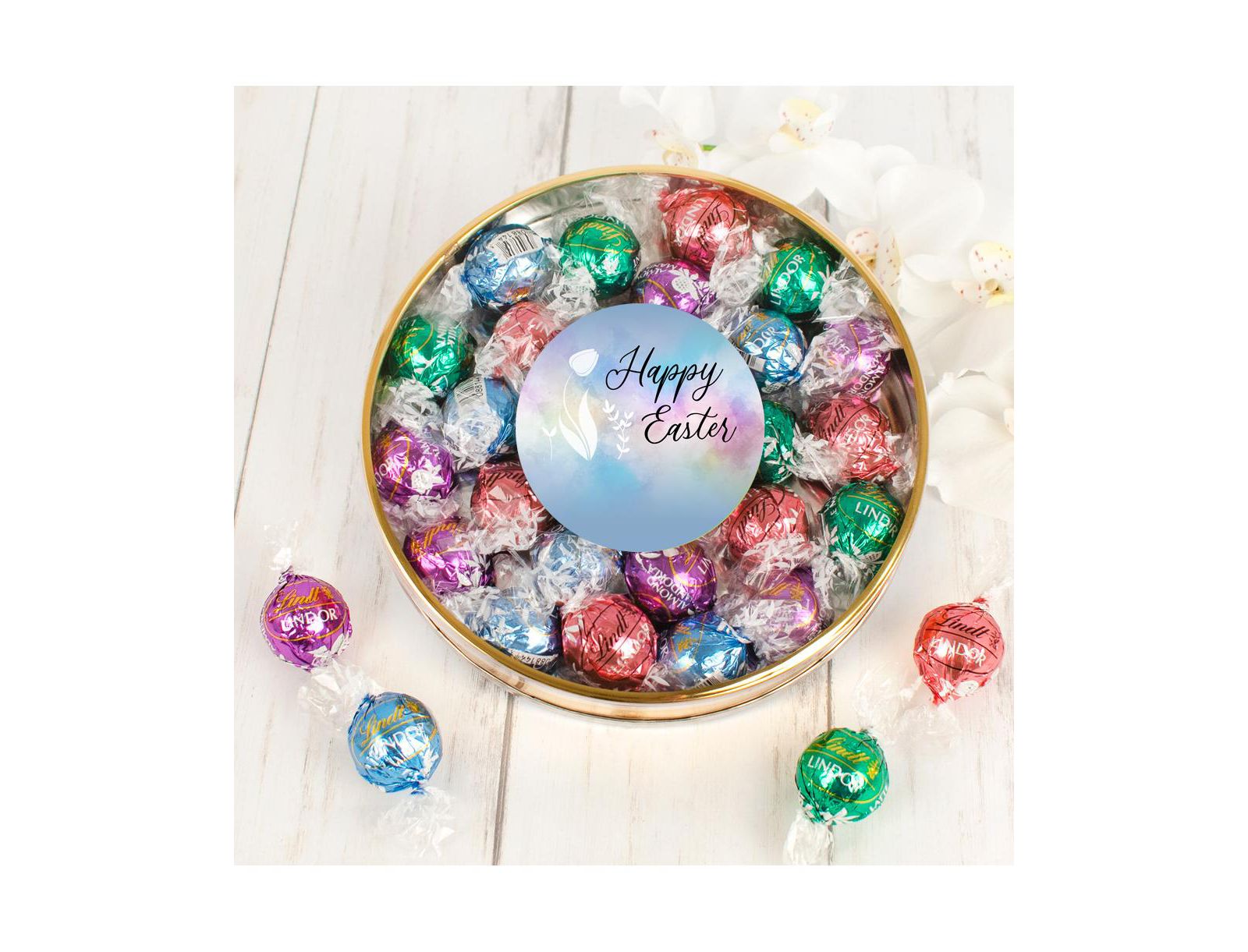 Just Candy Easter Candy Gift Tin with Chocolate Lindor Truffles by Lindt Large Plastic Tin with Sticker, 24 Pieces