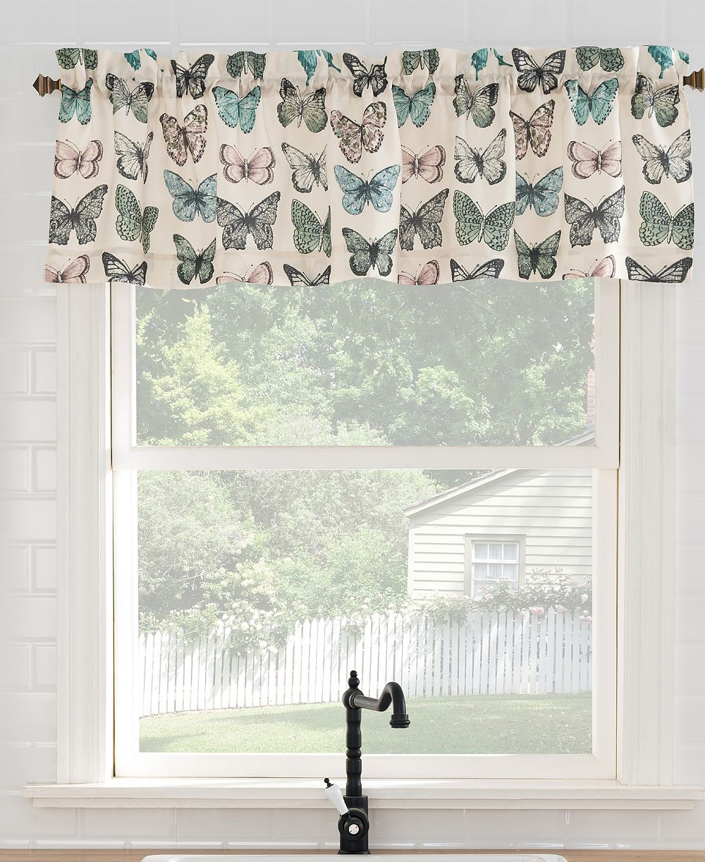 Magdalena Butterfly Print Sheer Rod Pocket Kitchen Curtain Valance