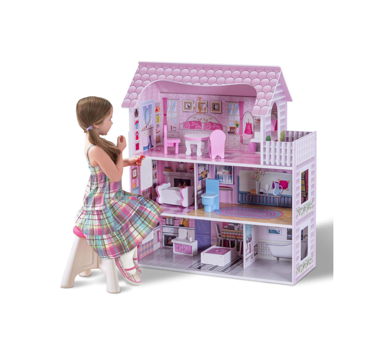 Costway 28" 3-Story Dollhouse with Gliding Elevator and Furniture, Ages 3+