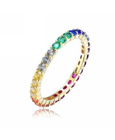 Кольцо Genevive Timeless 14K Gold Plated Rainbow Multi-Color CZ Slim Band
