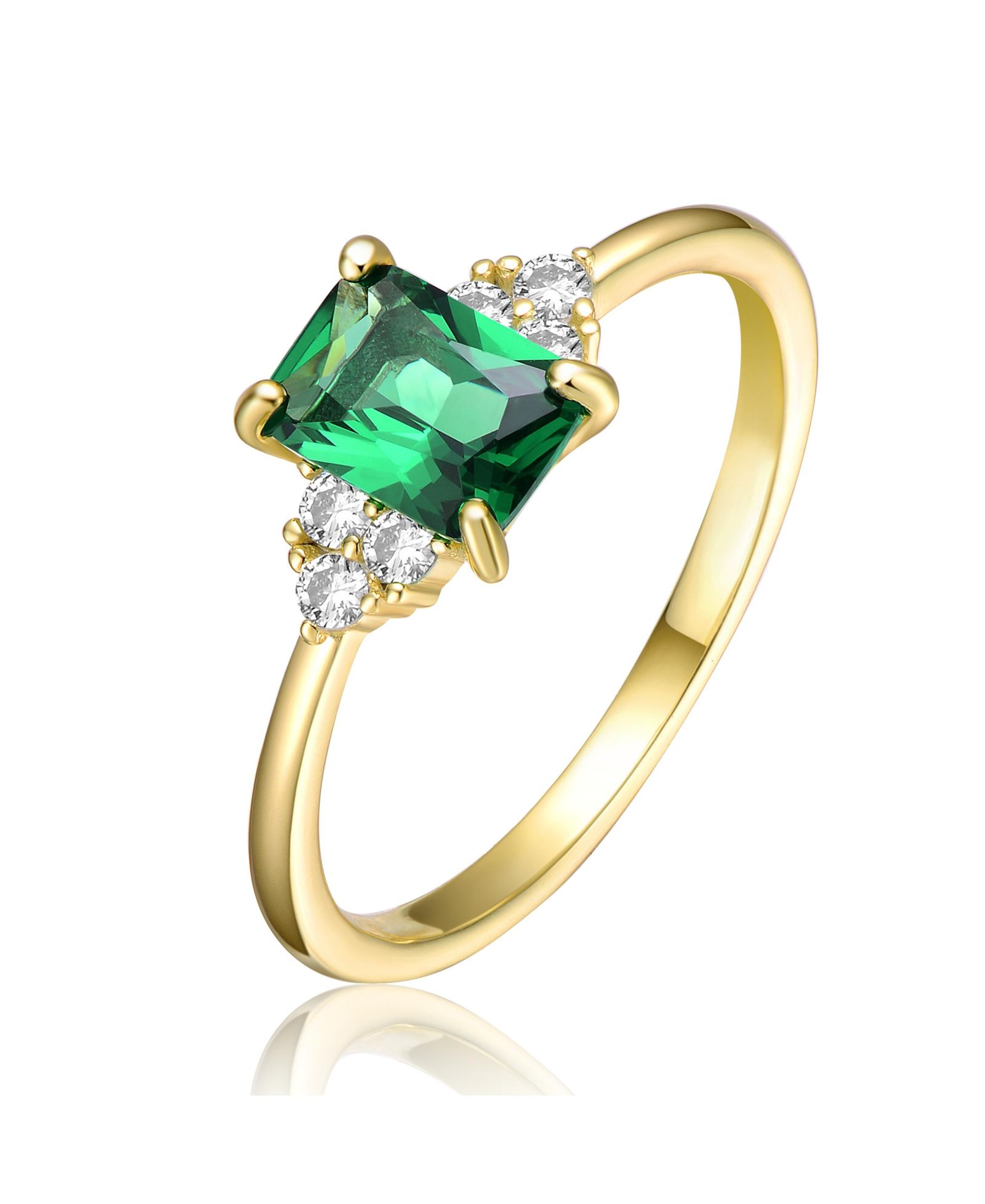Sterling Silver 14k Yellow Gold Plated with Green & Cubic Zirconia Solitaire Cluster Statement  Ring