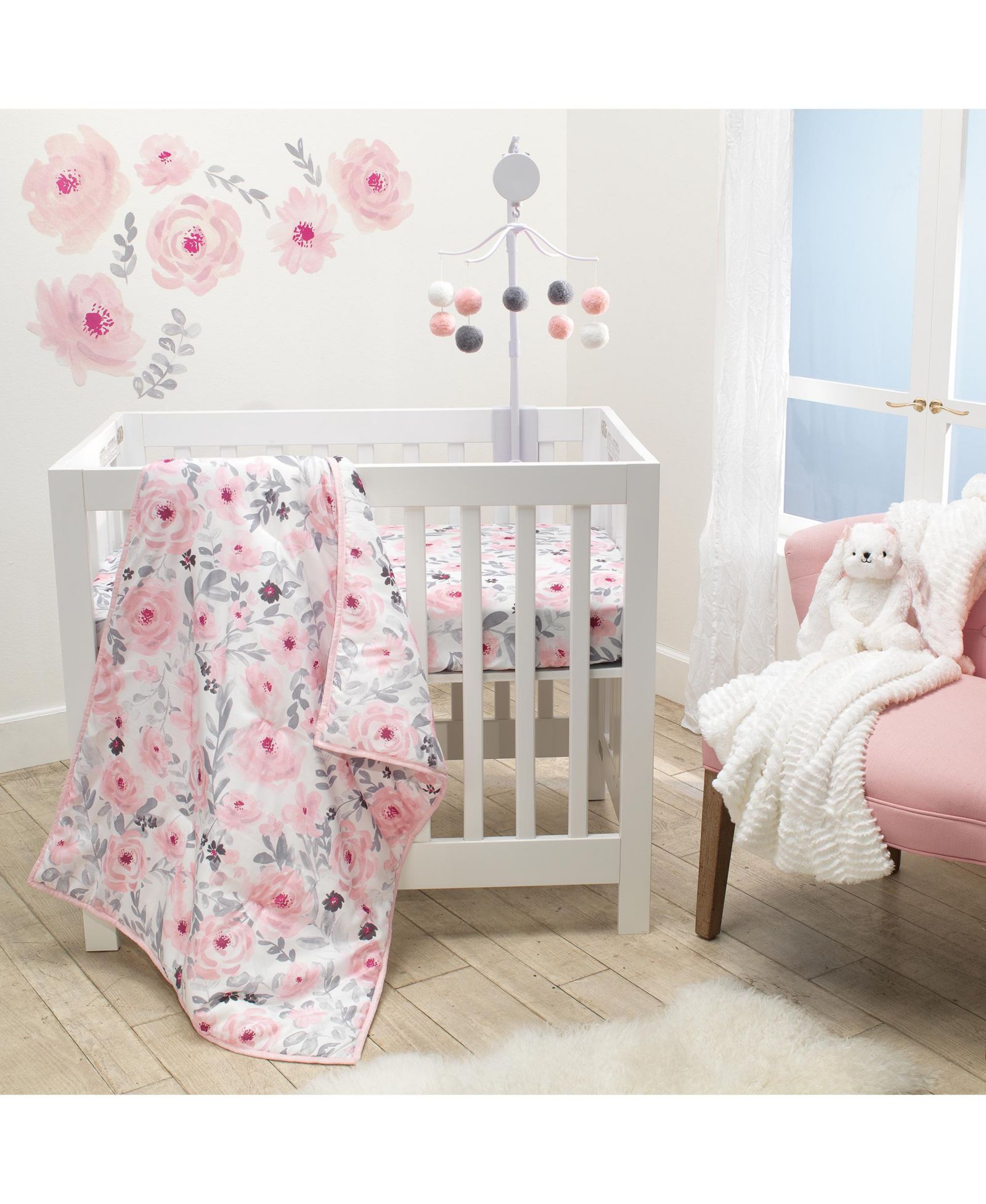 Bedtime Originals Набор постельного белья для мини-кроватки Blossom Pink Watercolor Floral, 3 предмета