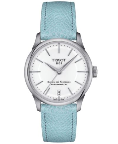 Женские швейцарские автоматические часы Tissot Chemin des Tourelles Powermatic 80 с синим кожаным ремешком, 34 мм