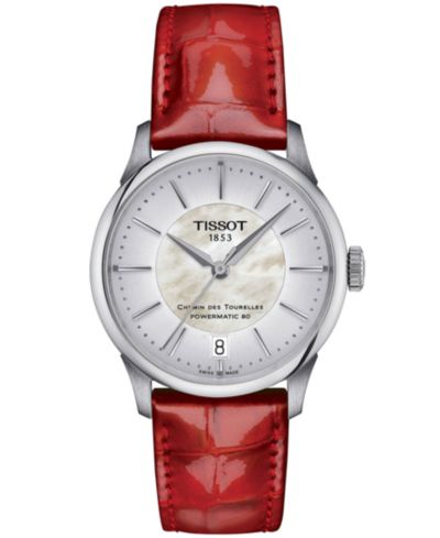 Женские швейцарские автоматические наручные часы Tissot Chemin des Tourelles Powermatic 80 с красным кожаным ремешком, 34 мм