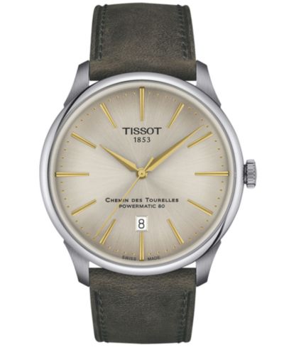 Мужские швейцарские автоматические часы Tissot Chemin des Tourelles Powermatic 80 Green Leather Strap 42mm