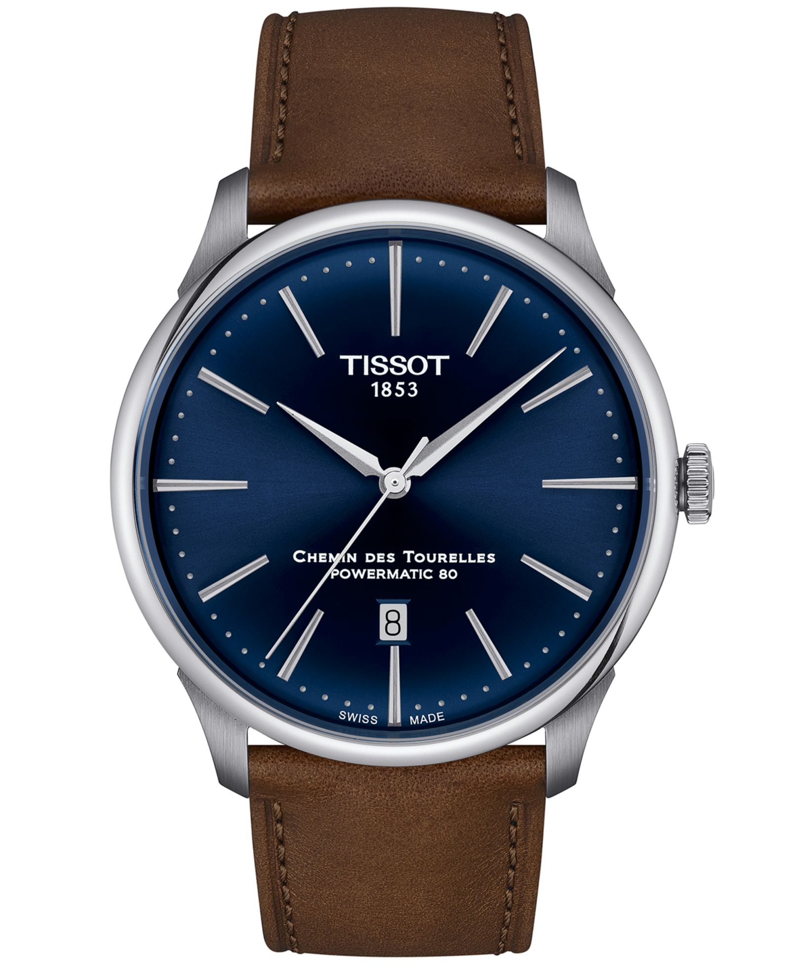 Часы Tissot Men's Swiss Automatic Chemin des Tourelles Powermatic 80, кожаный ремешок, 42mm