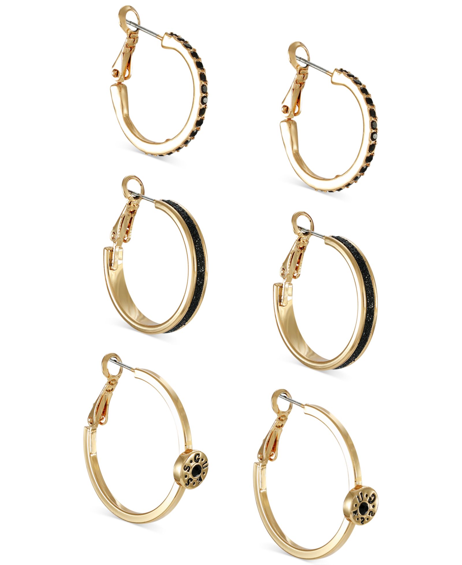 GUESS Серьги-кольца Gold-Tone 3-Pc. Set Jet Pavé & Glitter