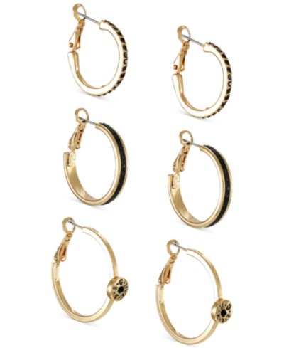 GUESS Серьги-кольца Gold-Tone 3-Pc. Set Jet Pavé & Glitter